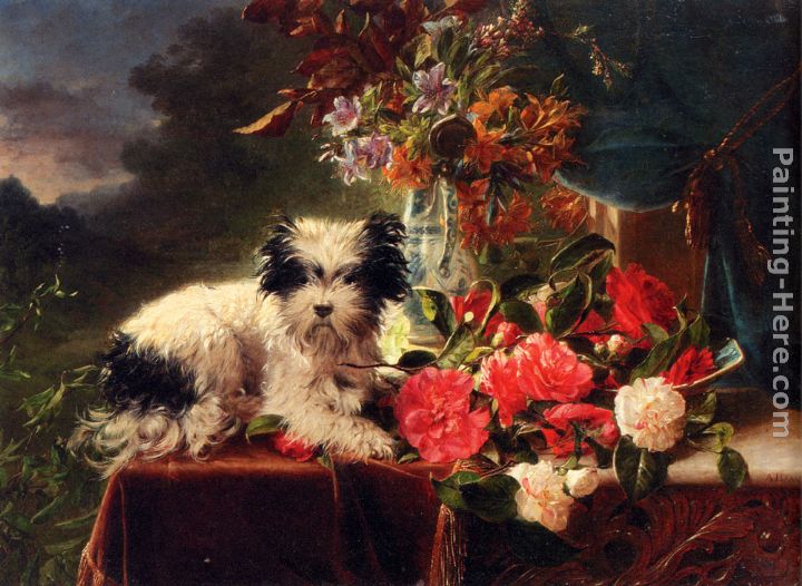 Camellias And A Terrier On A Console